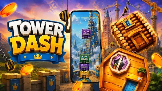 Tower Dash key art: the game logo beside a phone running the stacking tower, with timber crates around it